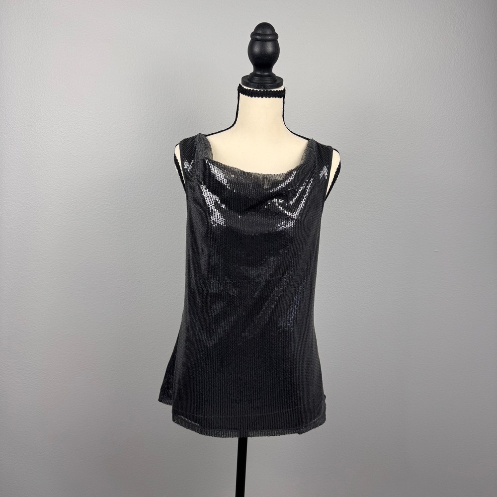 Cable & Gauge Sequin Tank Top Womens M Black Cowl Neck Sleeveless Glam